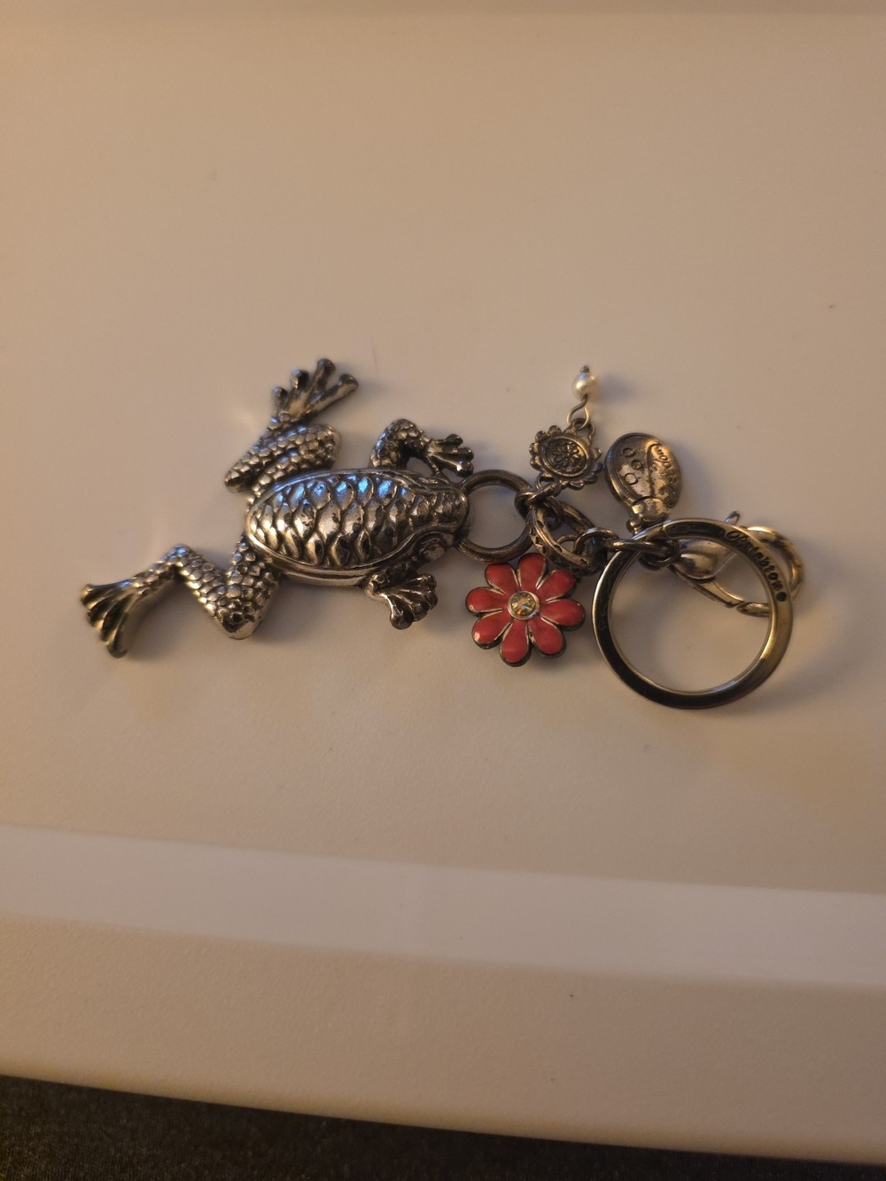 Silver Frog Keychain with Pink Flower Charm